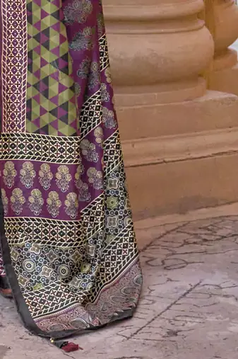 Purple ajrak block printed banarasi saree