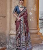 Maroon ajrak block silk blend banarasi saree
