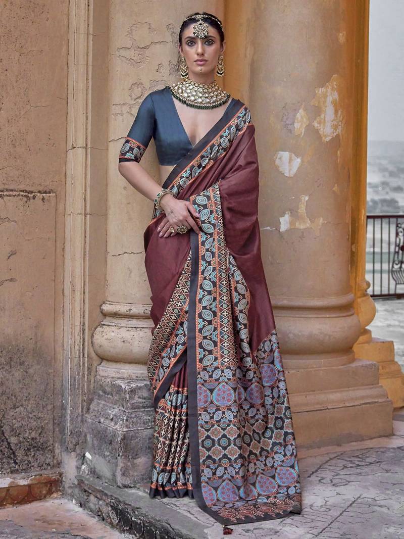 Maroon ajrak block silk blend banarasi saree