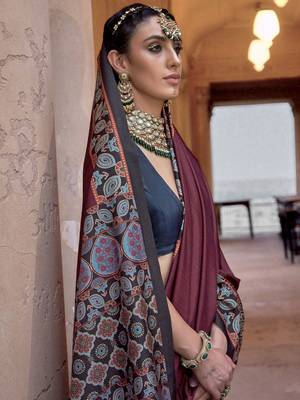 Maroon ajrak block silk blend banarasi saree 3
