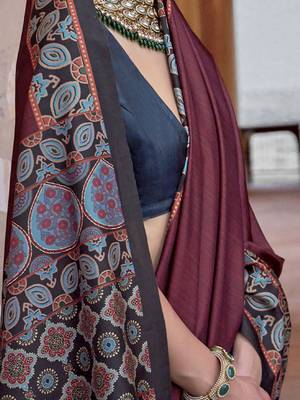 Maroon ajrak block silk blend banarasi saree 4