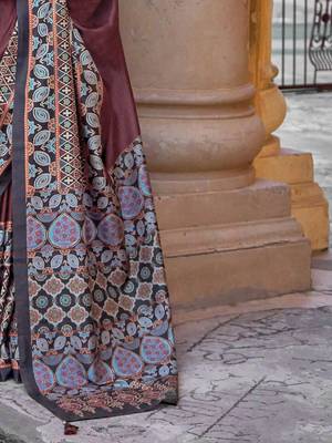 Maroon ajrak block silk blend banarasi saree 5