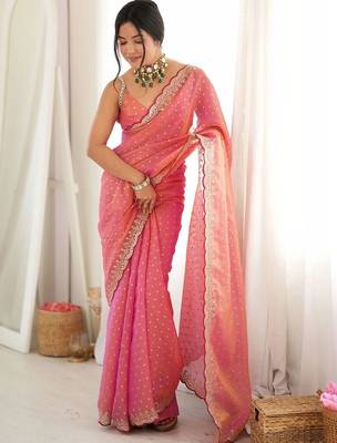Pink embellished embroidered silk blend designer saree 1