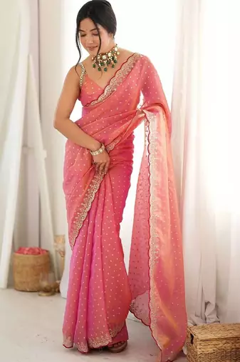 Pink embellished embroidered silk blend designer saree
