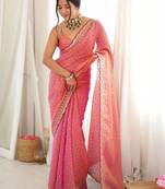 Pink embellished embroidered silk blend designer saree