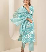 women floral printed regular thread work kurta with trousers & with dupatta