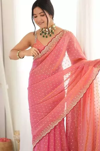 Pink embellished embroidered silk blend designer saree