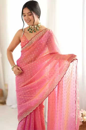 Pink embellished embroidered silk blend designer saree