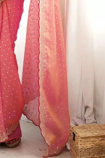 Pink embellished embroidered silk blend designer saree