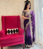 Purple purple & gold-tones floral embroidered saree