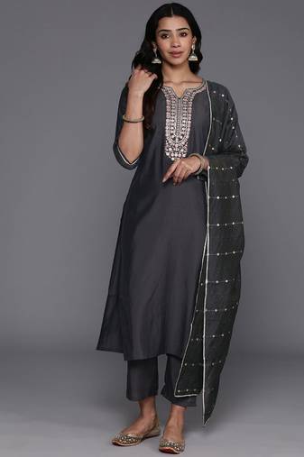 women ethnic motifs embroidered regular thread work kurta with trousers & with dupatta