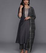 women ethnic motifs embroidered regular thread work kurta with trousers & with dupatta