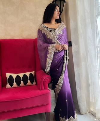 Purple purple & gold-tones floral embroidered saree 2