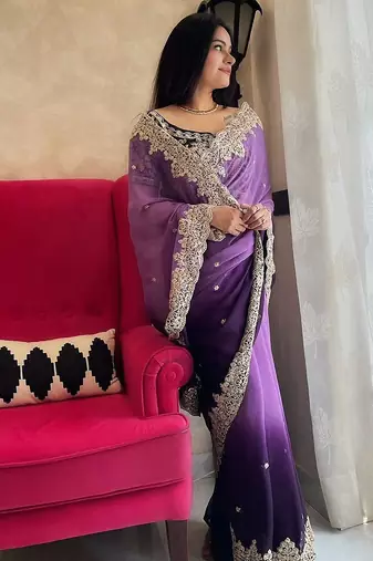 Purple purple & gold-tones floral embroidered saree