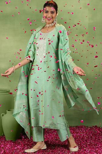 women ethnic motifs yoke design regular kurta with trousers & with dupatta