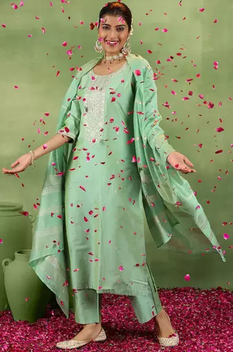 women ethnic motifs yoke design regular kurta with trousers & with dupatta