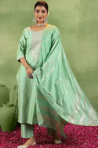 women ethnic motifs yoke design regular kurta with trousers & with dupatta