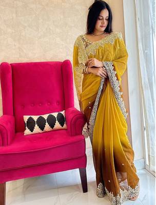 Gold gold-toned & brown floral embroidered designer saree 1