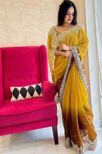 Gold gold-toned & brown floral embroidered designer saree