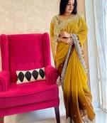 Gold gold-toned & brown floral embroidered designer saree