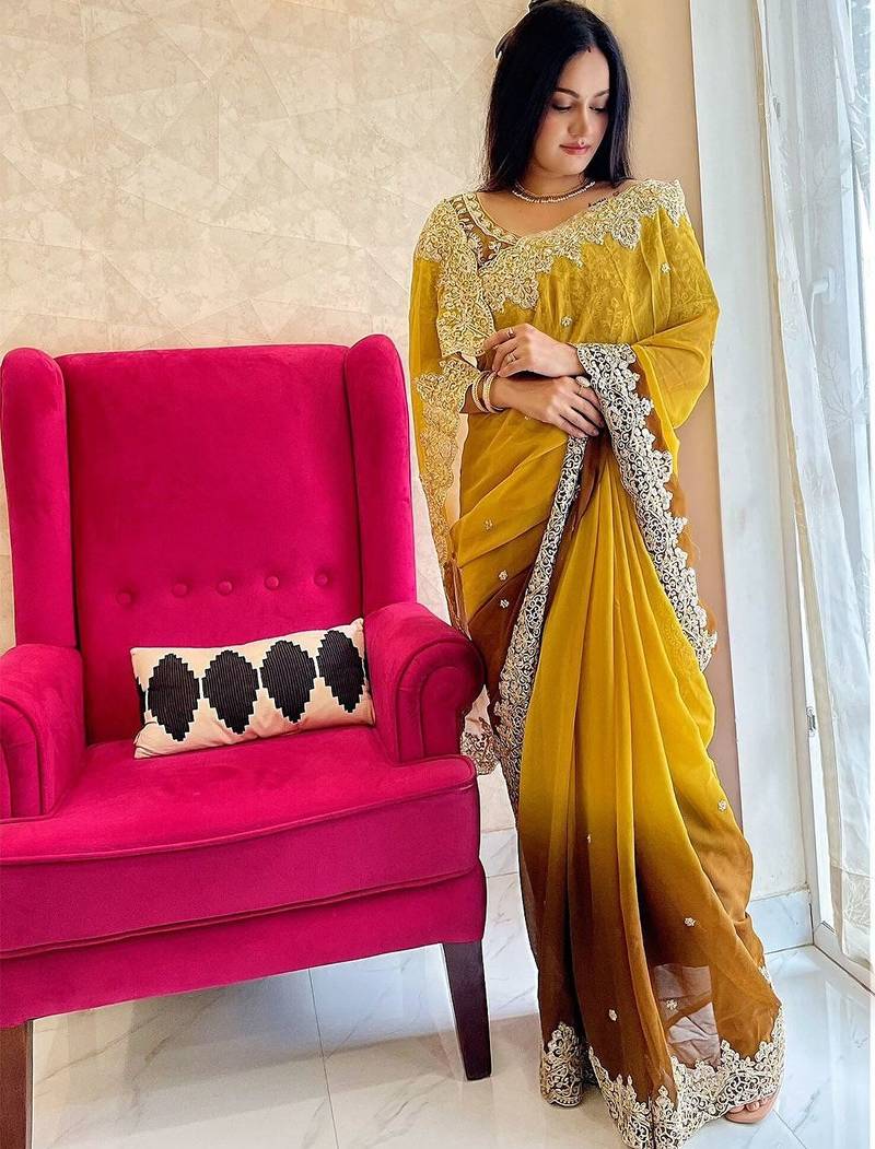 Gold gold-toned & brown floral embroidered designer saree