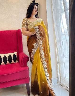 Gold gold-toned & brown floral embroidered designer saree 2