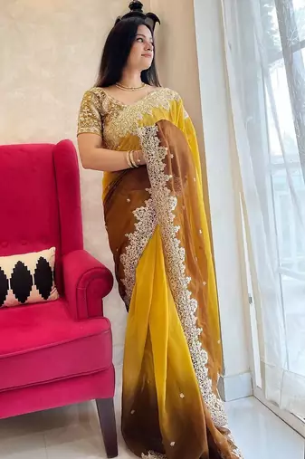 Gold gold-toned & brown floral embroidered designer saree
