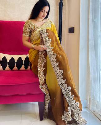 Gold gold-toned & brown floral embroidered designer saree 3