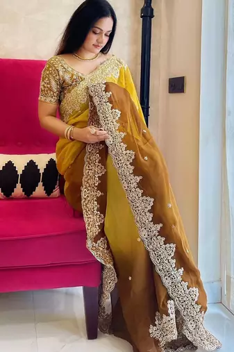 Gold gold-toned & brown floral embroidered designer saree