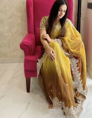 Gold gold-toned & brown floral embroidered designer saree 4