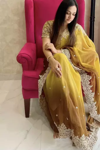 Gold gold-toned & brown floral embroidered designer saree