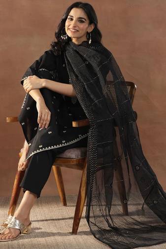 women floral embroidered regular sequinned kurta with trousers & with dupatta