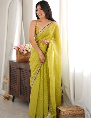 Lime embellished sequinned silk blend designer saree 1