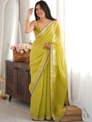 Lime embellished sequinned silk blend designer saree 2