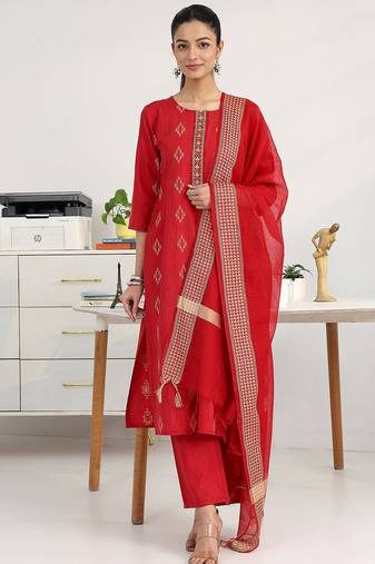 women ethnic motifs printed regular kurta with trousers & with dupatta