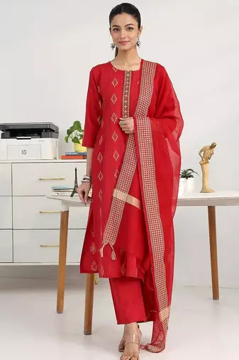 women ethnic motifs printed regular kurta with trousers & with dupatta