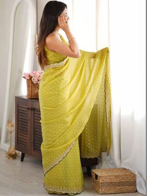 Lime embellished sequinned silk blend designer saree 3
