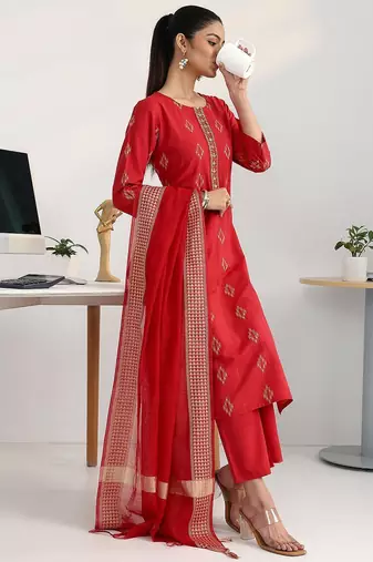 women ethnic motifs printed regular kurta with trousers & with dupatta