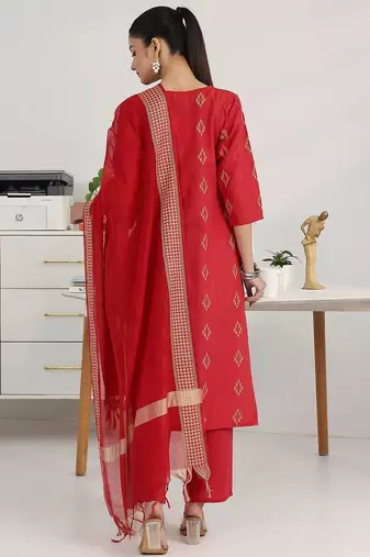 women ethnic motifs printed regular kurta with trousers & with dupatta