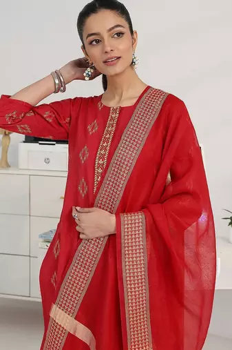 women ethnic motifs printed regular kurta with trousers & with dupatta