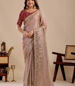 Beige floral sequinned silk blend designer saree