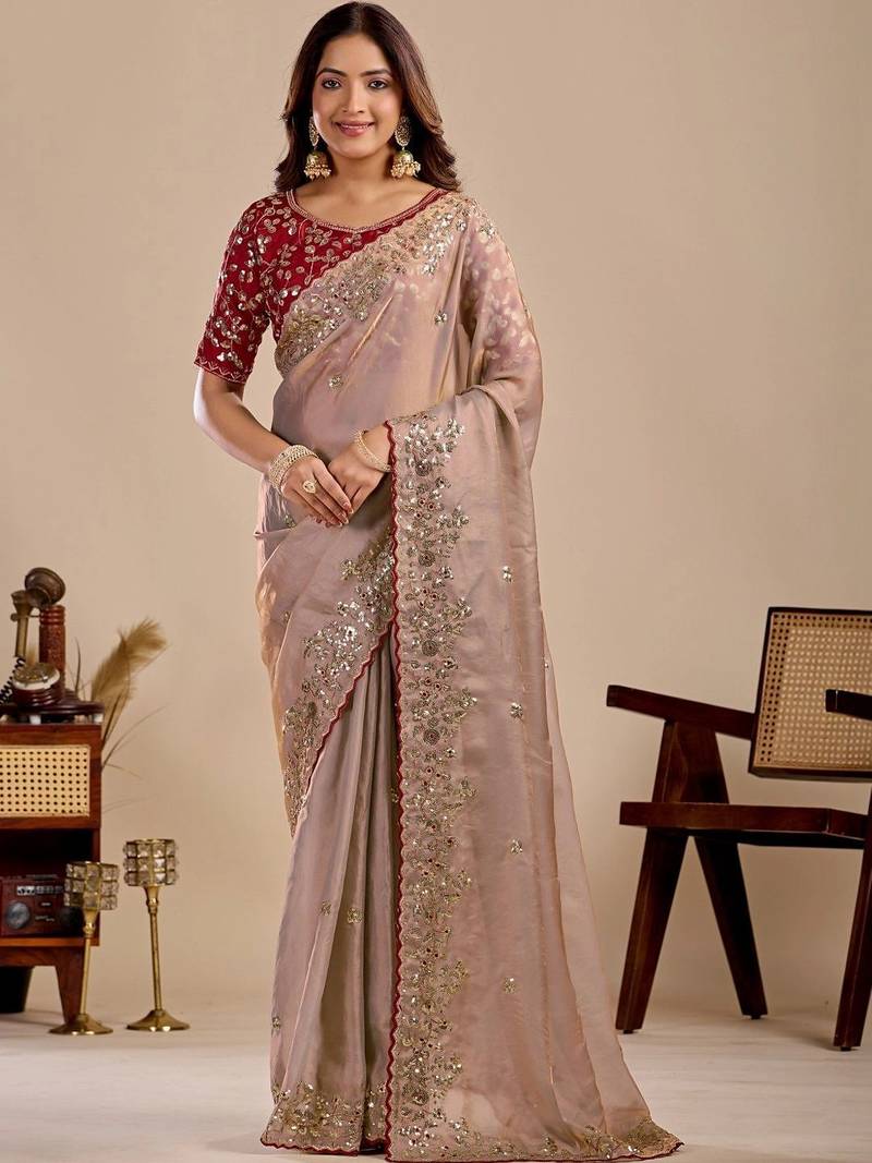 Beige floral sequinned silk blend designer saree