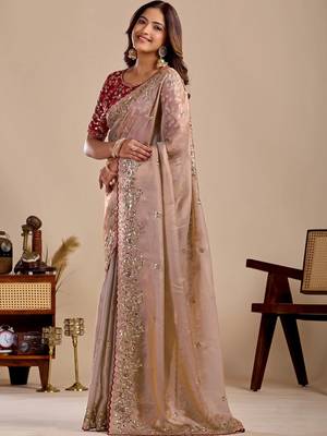 Beige floral sequinned silk blend designer saree 2