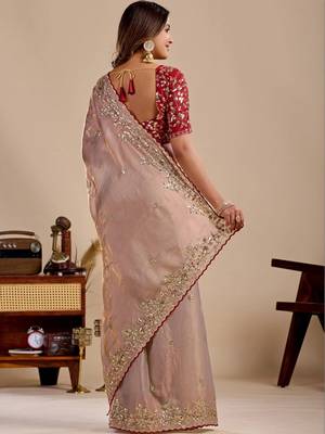 Beige floral sequinned silk blend designer saree 3