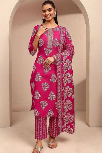 women floral printed regular thread work kurta with trousers & with dupatta