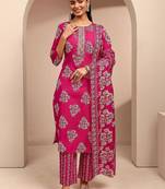 women floral printed regular thread work kurta with trousers & with dupatta