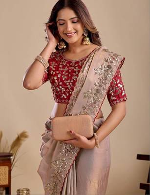 Beige floral sequinned silk blend designer saree 5
