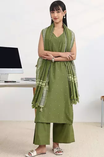 ethnic motifs printed v neck sleeveless kurta with palazzos & dupatta
