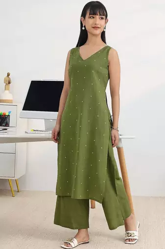 ethnic motifs printed v neck sleeveless kurta with palazzos & dupatta