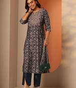 paisley printed notch neck thread work straight kurta with trousers